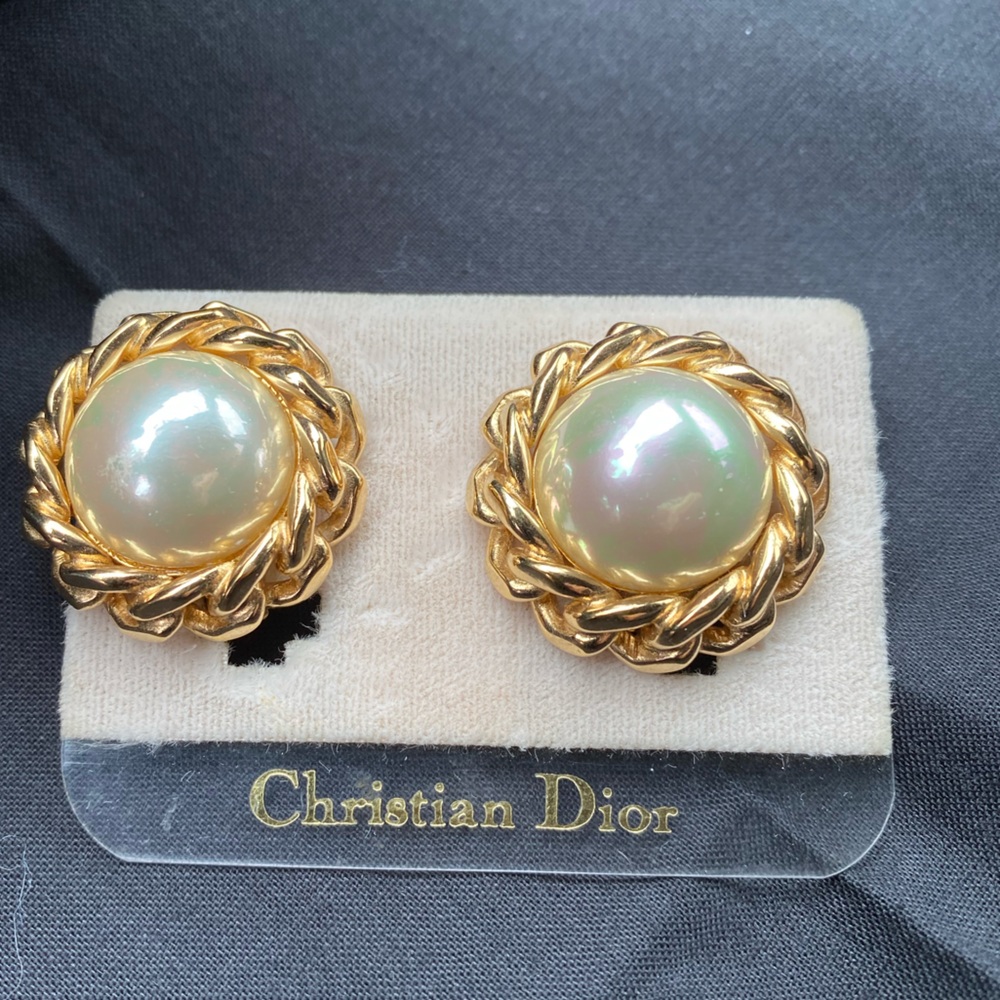 Vintage Christian Dior Gold and Cream Earrings with Classic Elegance